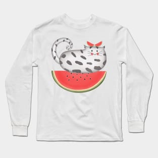 Cute little cat on watermelon Long Sleeve T-Shirt